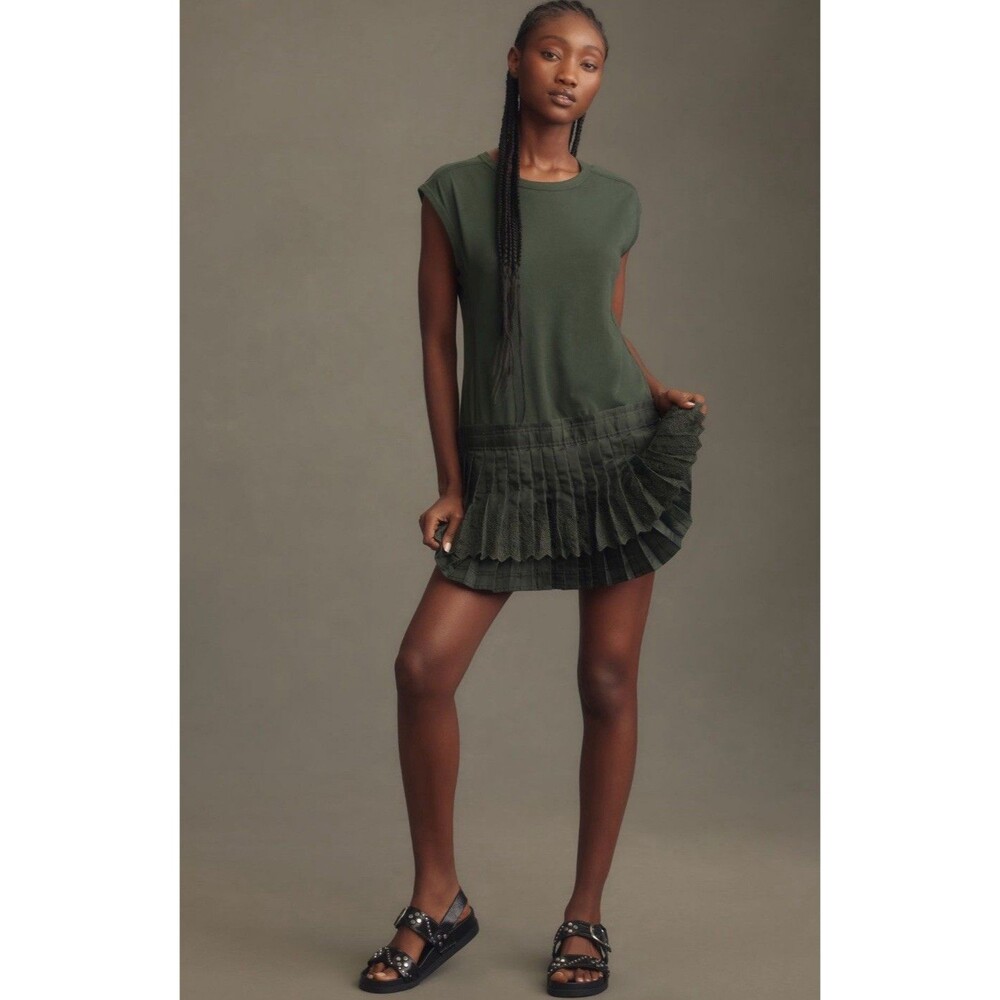 Anthropologie Daily Practice Mini Dress Green Solid Pleat Flowy Vacay Small NWT